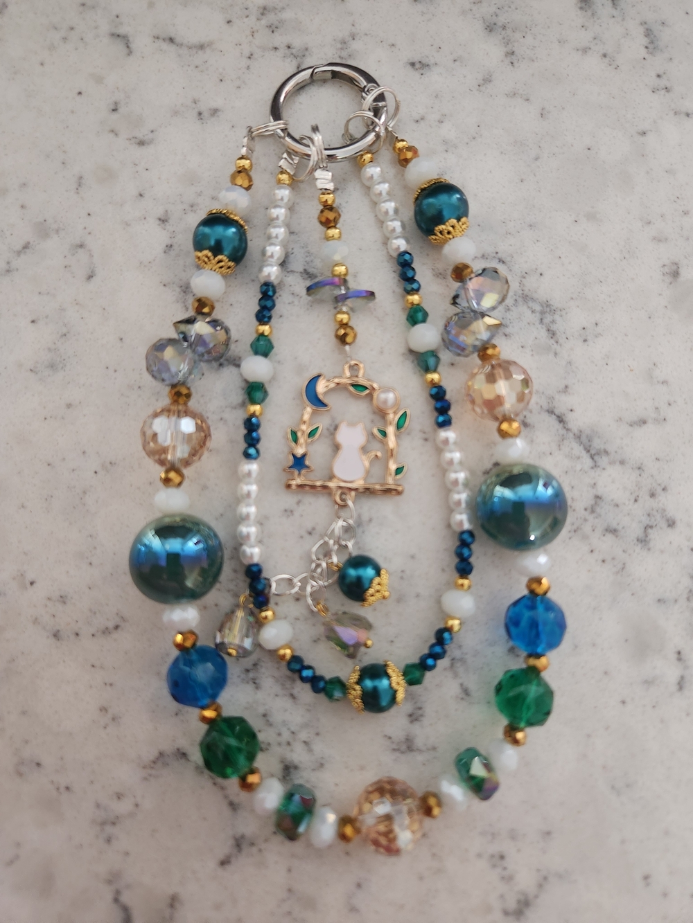 Blue & Green Beaded Charm  with Moon Cat Keychain